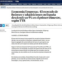 El mercado de fusiones y adquisiciones en Espaa desciende un 9% en el primer trimestre, segn TTR